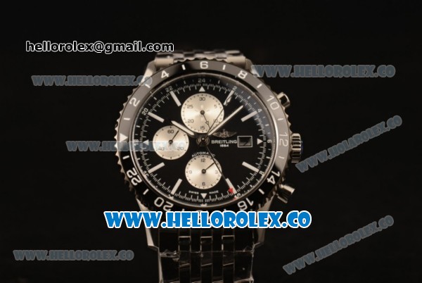 Breitling Chronoliner Chronograph Swiss Valjoux 7750 Automatic Steel Case with Black Dial Ceramic Bezel Stick Markers and Stainless Steel Bracelet - Click Image to Close